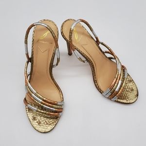 Brian Atwood gold silver copper strappy heels